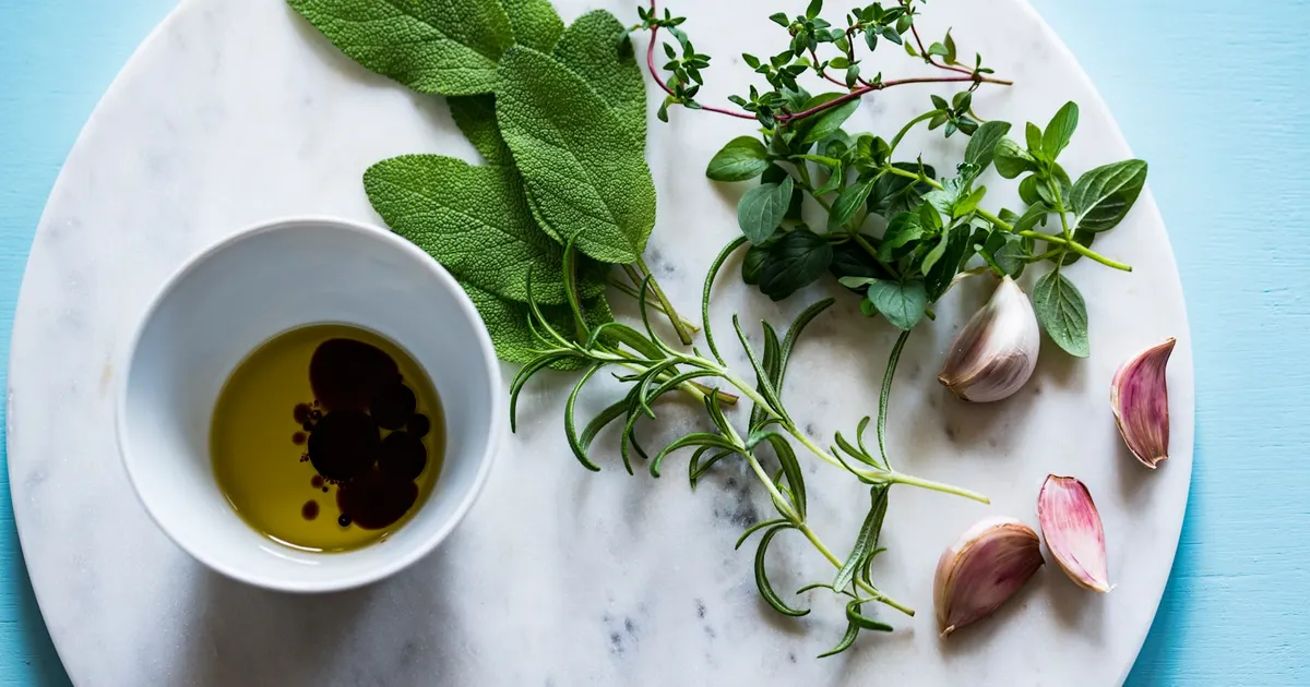 A flat-lay of herbs and spices