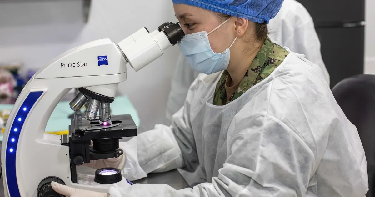 A scientist looking through a microscope